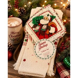 Vintage Franco Christmas Santa 3 Piece Kitchen Towel Dishcloth Potholder Set